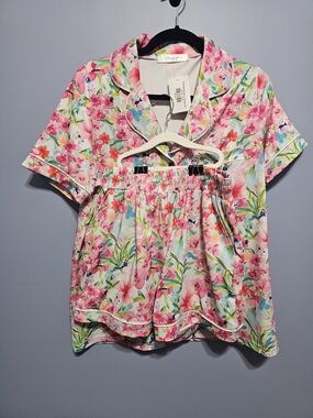 Moon Ryder Women’s Floral 2pc Pajama Set Button-Front Collared Short Sleeve S